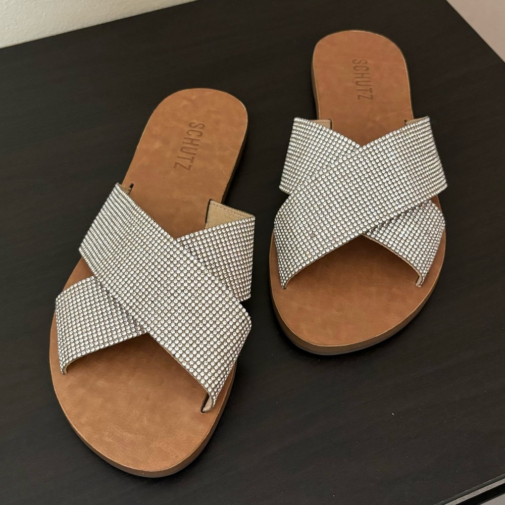 SCHUTZ Crystal Embellished Flat Sandals - Size US 8